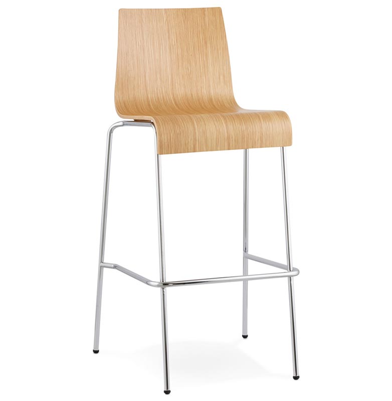 Tabouret de bar design 'Kadra' en bois naturel avec 4 pieds en métal chromé et dossier haut