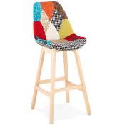 Tabouret de bar design scandinave 'Chairman' en patchwork multicolor 4 pieds en bois et dossier haut