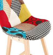 Tabouret de bar design scandinave 'Chairman' en patchwork multicolor 4 pieds en bois et dossier haut