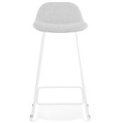 Tabouret de bar design 'Steel' tissu gris clair pieds tréteaux repose pieds métal blanc dossier bas