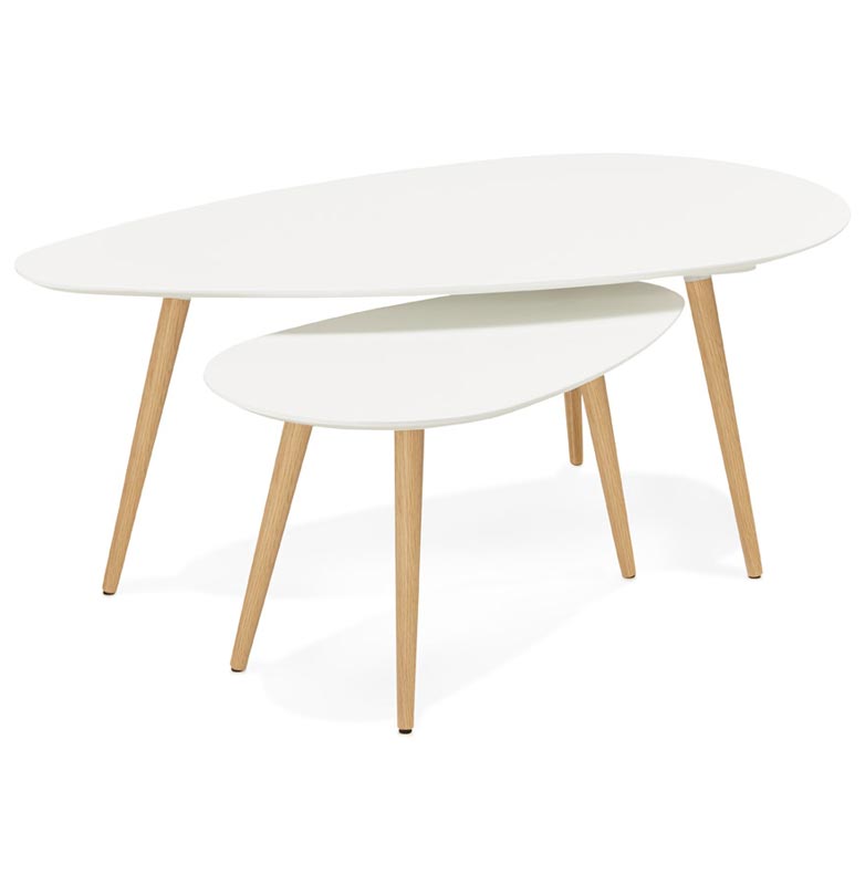 Tables basses scandinaves gigognes ovales 'Sisko' plateau bois blanc 3 pieds en bois - 116 x 66 cm