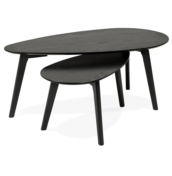 Tables basses gigognes ovales scandinave 'HYGGE' plateau en bois noir avec 3 pieds en bois noir - 100 x 50 cm