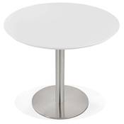 Petite table à diner / de bureau ronde 'Elea' blanche en bois pied central acier brossé - Ø 90 cm
