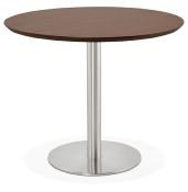 Petite table / table de réunion ronde 'Elea' plateau noyer pied central acier brossé - Ø 90 cm