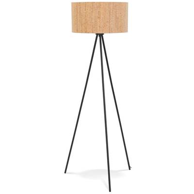 Lampadaire trépied scandinave 'SUGHERO' avec abat-jour en liège naturel et 3 pieds en métal noir