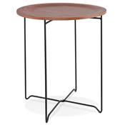 Table d'appoint guéridon design industriel 'METALLISK' plateau noyer 4 pieds métal noir - Ø 45 cm