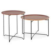 Table d'appoint guéridon design industriel 'METALLISK' plateau noyer 4 pieds métal noir - Ø 45 cm