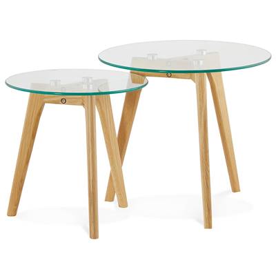 Tables basses scandinaves gigognes rondes 'Mukavä' plateau en verre 3 pieds en bois - Ø 50 cm