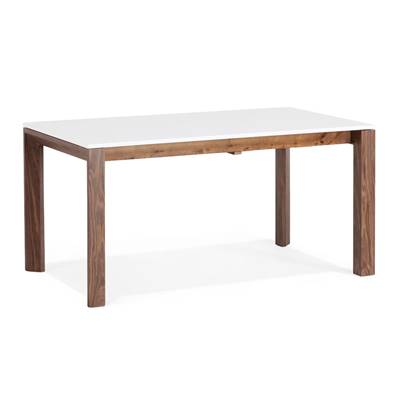Table / table de réunion scandinave extensible 'Lund' plateau blanc 4 pieds noyer - 150(200) x 90 cm