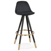 Tabouret de bar 'MODEN' velours noir 4 pieds bois noir repose pieds et pieds métal doré dossier haut