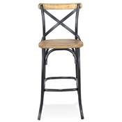 Tabouret de bar vintage 'MAKINA' bois finition noyer effet vieilli 4 pieds métal noir dossier haut