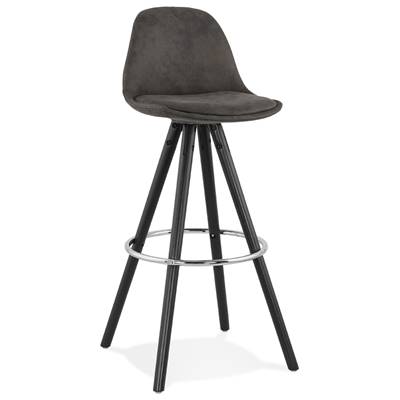 Tabouret de bar 'BLACK CIRCLE' en microfibre grise 4 pieds en bois noir et métal chromé dossier haut