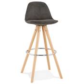Tabouret de bar scandinave 'CIRCLE' tissu gris 4 pieds bois naturel repose pieds chromé dossier haut
