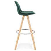 Tabouret bar scandinave 'CIRCLE' velours vert 4 pieds bois naturel repose pieds chromé dossier haut