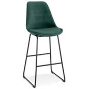 Tabouret de bar 'GUSTO' en velours vert pieds tréteaux et repose pieds en métal noir dossier haut