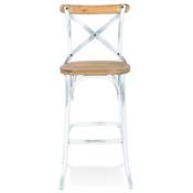 Tabouret de bar vintage 'MAKINA' bois finition noyer effet vieilli 4 pieds métal blanc dossier haut