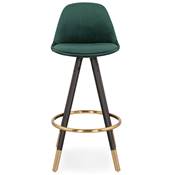 Tabouret snack mi-hauteur 'MODEN MINI' velours vert 4 pieds bois noir pieds métal doré dossier haut