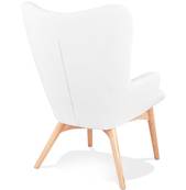 Fauteuil à oreilles capitonné design scandinave 'ELEGAN' en tissu bouclé blanc pieds en bois naturel