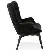 Fauteuil à oreilles capitonné design 'ELEGAN' en velours noir pieds en bois noir