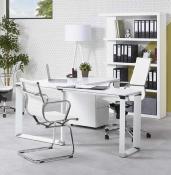 Bureau de direction d'angle 'Business L' plateau bois blanc pieds métal blanc et chromé – 160 cm