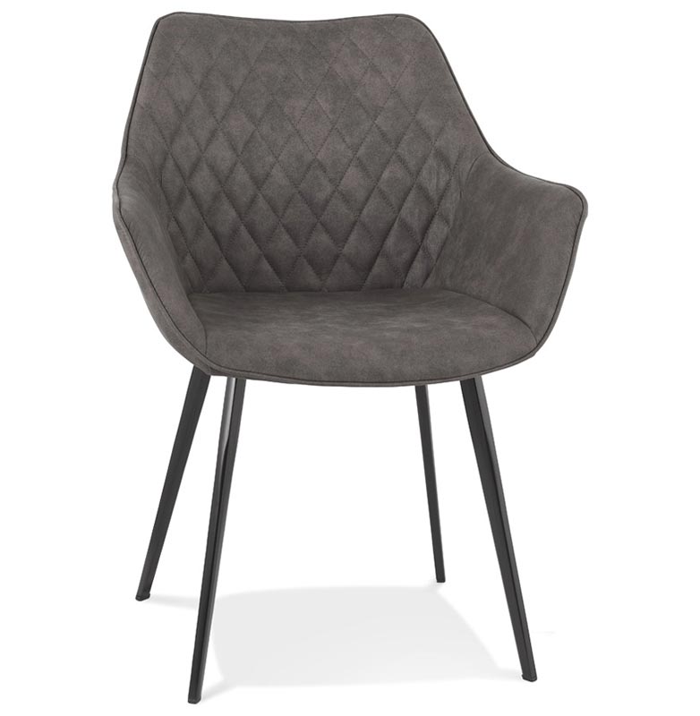 Chaise design vintage à accoudoirs 'DUCA' en microfibre gaufrée grise avec 4 pieds en métal noir