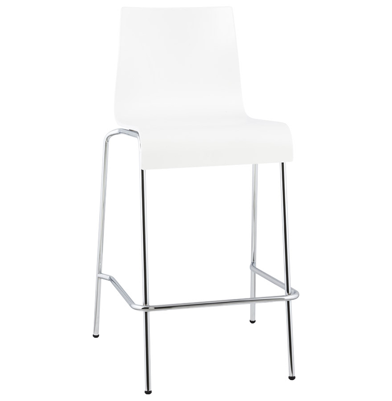 Tabouret de snack mi-hauteur 'Kadra Mini' blanc 4 pieds et repose pieds en métal chromé dossier haut