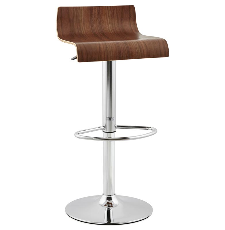 Tabouret de bar réglable design 'Sloode' pivotant noyer pied repose pieds métal chromé dossier bas