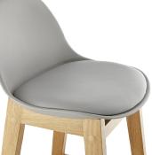 Tabouret de bar design scandinave 'Topo' gris avec 4 pieds en bois naturel et dossier haut