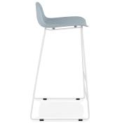 Tabouret de bar design 'Steel' bleu pieds tréteaux et repose pieds en métal blanc et dossier bas