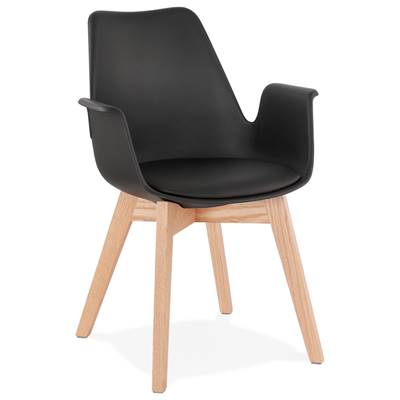 Chaise style scandinave design à accoudoirs 'PRINS' noire avec 4 pieds en bois naturel