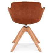 Chaise design style scandinave à accoudoirs 'VOGAN' en microfibre marron avec 4 pieds bois naturel