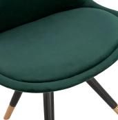 Chaise design 'Modena' en velours vert avec 4 pieds en bois noir et métal brossé doré