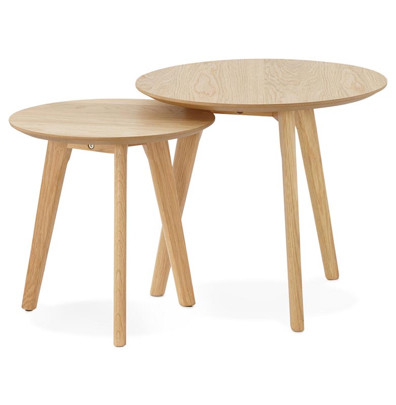 Tables basses scandinaves gigognes rondes 'Mukavä' plateau et 3 pieds en bois naturel - Ø 50 cm
