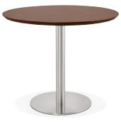Petite table / table de réunion ronde 'Elea' plateau noyer pied central acier brossé - Ø 90 cm