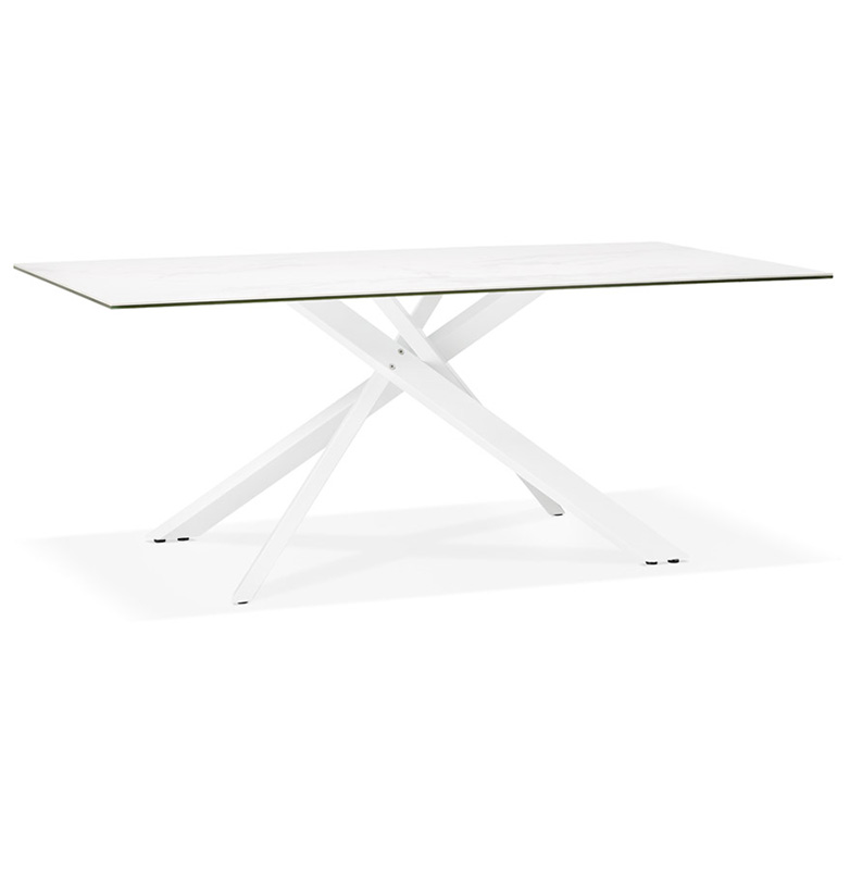 Table de salle à manger 'Tepee Ceram' blanche plateau en céramique pieds métal blanc - 180 x 90 cm