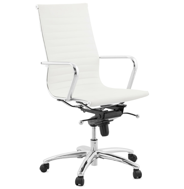 Fauteuil de Bureau design à roulettes et dossier haut 'GREATERS' blanc avec pieds en métal chromé