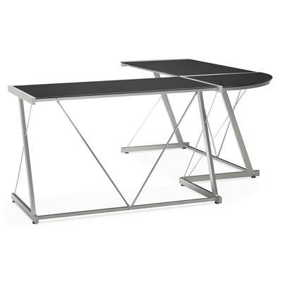 Bureau d'angle design 'Viewer' en verre trempé pieds en métal gris – 180 cm