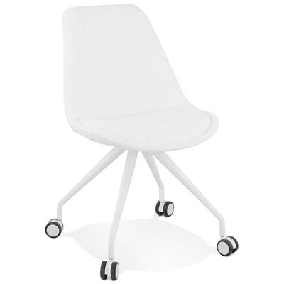 Petite chaise bureau design à roulettes dossier bas 'SIMPLE' tissu bouclé blanc pieds métal blanc