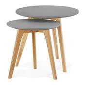 Tables basse gigognes rondes scandinave 'Mukavä' plateau en bois gris et 3 pieds en bois - Ø 50 cm