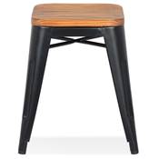 Tabouret bas design de style industriel carré 'FABBRICA' assise en bois avec 4 pieds en métal noir