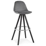 Tabouret de bar 'BLACK CIRCLE' velours gris 4 pieds bois noir repose pieds métal chromé dossier haut