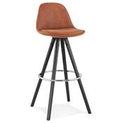 Tabouret de bar 'BLACK CIRCLE' tissu marron 4 pieds bois noir repose pieds métal chromé dossier haut