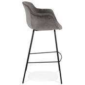Tabouret de bar design à accoudoirs moderne 'CARINO' en velours gris avec 4 pieds en métal noir