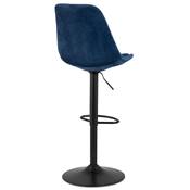 Tabouret de bar réglable 'BAROK' pivotant velours bleu pied et repose pieds métal noir dossier haut