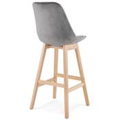 Tabouret de bar design scandinave 'CHAIRMAN' en velours gris 4 pieds en bois naturel et dossier haut