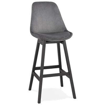 Tabouret de bar design 'CHAIRMAN BLACK EDITION' velours gris 4 pieds en bois noir dossier haut