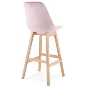 Tabouret de bar scandinave 'CHAIRMAN' en velours rose avec 4 pieds en bois naturel et dossier haut