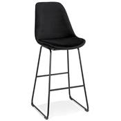Tabouret de bar 'GUSTO' en velours noir pieds tréteaux et repose pieds en métal noir dossier haut