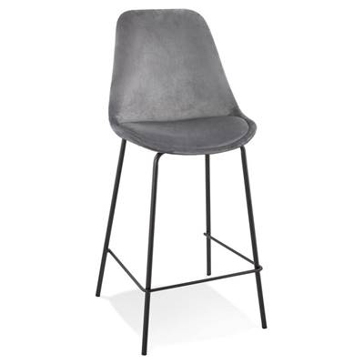 Tabouret de snack mi-hauteur boroque 'KESKI MINI' en velours gris 4 pieds en métal noir dossier haut