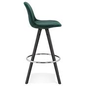 Tabouret snack mi-hauteur 'BLACK CIRCLE MINI' velours vert 4 pieds bois noir et chromé dossier haut